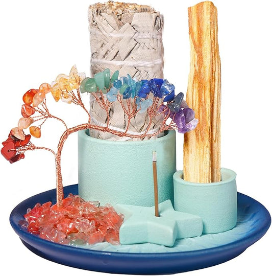Multifunction Incense and Candle Holde, Crystal Tree Palo Santo Burning Sage Burner, Smudge Bowl Ash Catcher, Coffee Table Centerpiece Decor for Living Room, Women Gifts for Christmas - Bloomnest