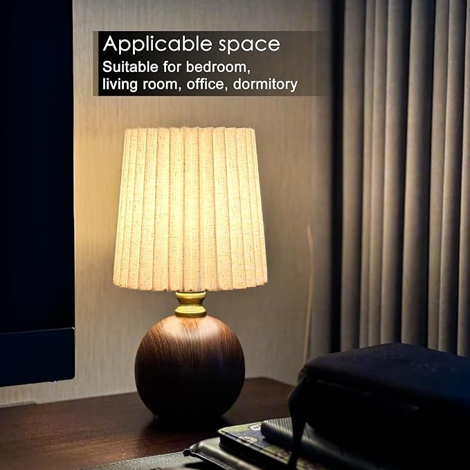 Small Pleated Table Lamp for Bedroom, Bedside Lamps for Nightstand, Dimmable Desk Lamp Ceramic Wood Grain Base Round Flaxen Fabric Shade for Living Room, Kids Room, LED Bulb Included (Modern) - Bloomnest