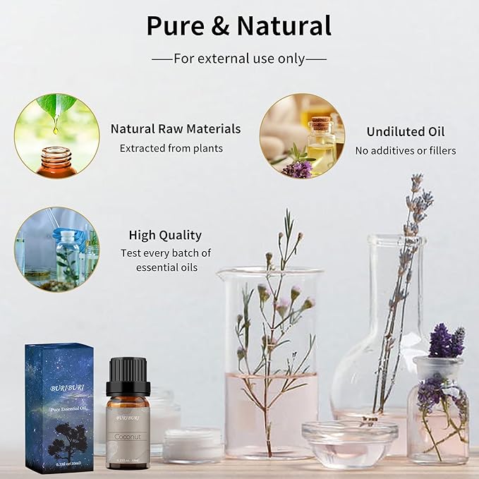 BURIBURI Coconut Essential Oil, Premium Grade Scented Oil 10ml Coconut Fragrance Oil Carrier Oil for Diffusers, Massage, Candle Making Soap Making - Bloomnest