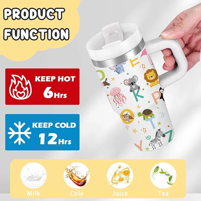 14 oz Kids Animal Alphabet Tumbler with with Handle Straw Lid, Stainless Steel Insulated Water Tumbler, Abc Letters Stuff, for Sports, School, Travel - Back to School Children Birthday Gifts Cups(1pc) - Bloomnest