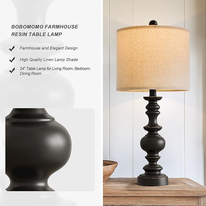 BOBOMOMO 24" Traditional Farmhouse Table Lamp Set of 2, Vintage Resin Lamps for Living Room Bedroom, Rustic Nightstand Lamp with Linen Shades, Retro Black Table Lamps for Living Room, Bedroom, Office - Bloomnest
