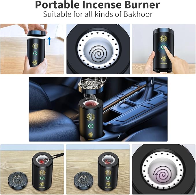 2 in 1 Electric Incense Burner with Quran Speaker, Rechargeble Bakhoor Burner Aroma Diffuser for Car Office Home Bedroom Living Room Study Spa (Black-1) - Bloomnest
