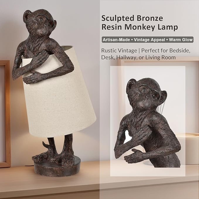 Crestview Collection Monkey Table Lamp – Bronze Resin Animal Lamp, Retro Rustic Art Deco Farmhouse Desk Lamp with Linen Shade for Bedroom, Living Room, Bedside, Nightstand or Small Space - Bloomnest