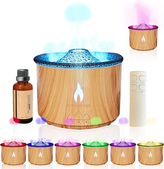 BOHOFAM Aroma Essential Oil Diffuser 360 ML,Volcano and Flame Diffuser/Humidifier,Give1.76 oz Hotel Collection Diffuser Oils,7 Colorful Light Change,Diffusers for Home,Large Room(Wood Grain) - Bloomnest