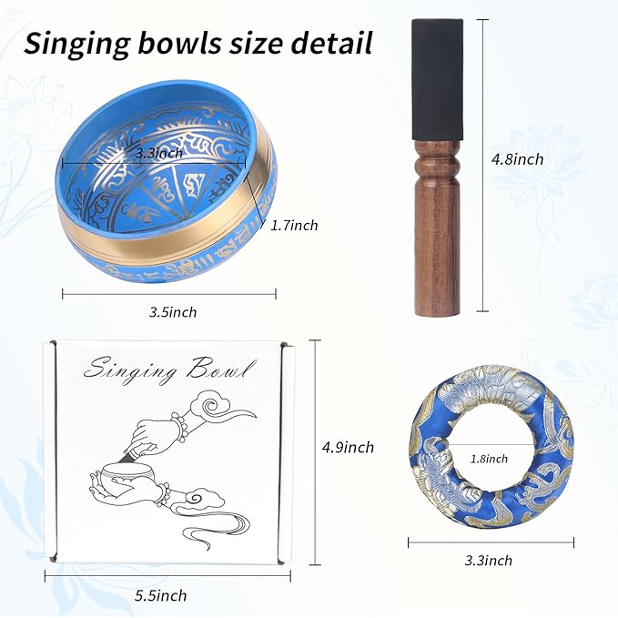 Kmise Tibetan Singing Bowls Set- Handmade in Nepal Meditation Sound Bowls for Yoga, Meditation, Mindfulness, Healing and Chakra Balancing, Stress Relief (3.5', Blue) - Bloomnest