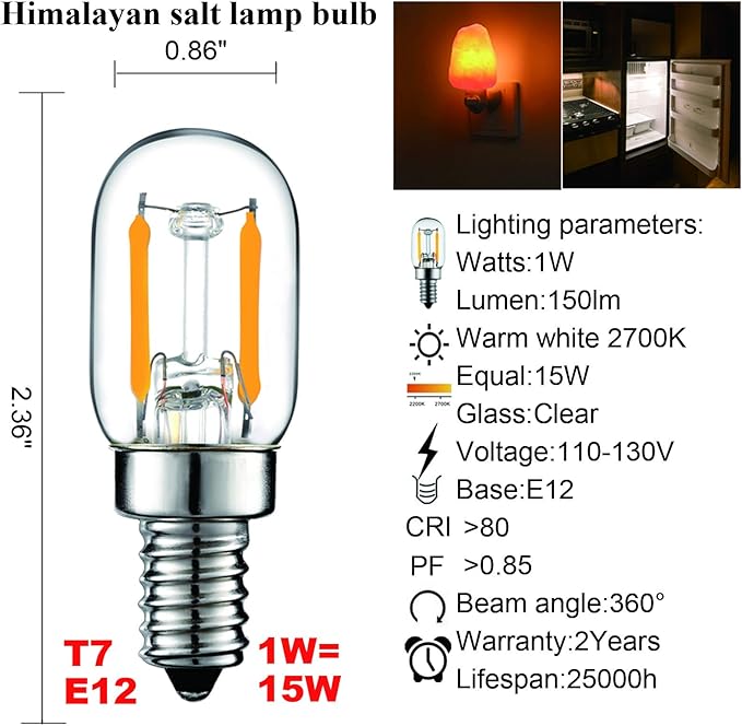 LiteHistory E12 1 watt Equal 15w Night Light Bulbs 150lm Himalayan Salt lamp Bulb 2700K t22 t7 led Bulb 2Pack - Bloomnest