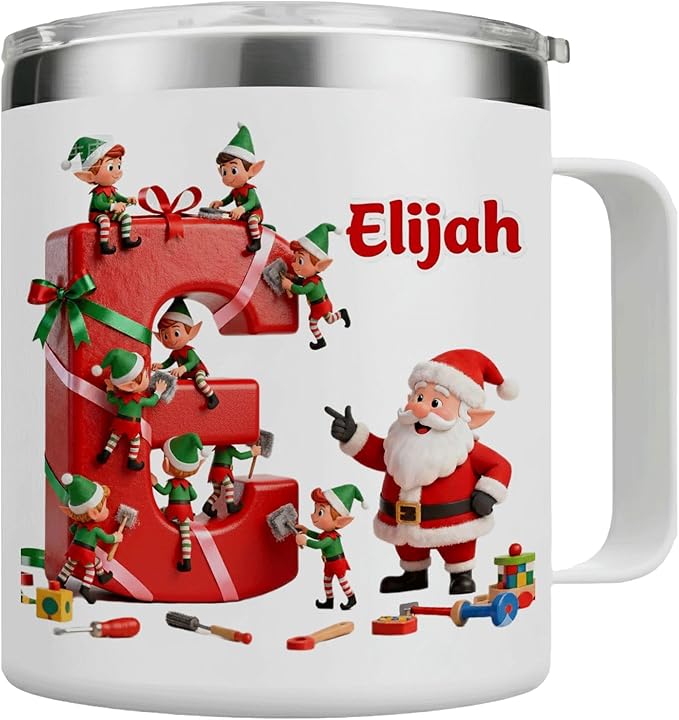 Personalized Christmas Mug | Custom Santa's Workshop Initial Insulated Coffee Cup with Handle & Lid | 12oz Holiday Tumbler, Cute Elf Gift for Kids, Boys & Girls (B16) - Bloomnest
