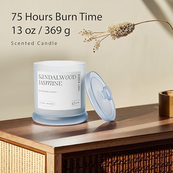 Sandalwood Jasmine Scented Candle, 2 Wicks, 13oz Natura Soy Wax Non Toxic, Large Candles for Home Scented, 75Hs Long Lasting Clean Burn | Aromatherapy Candle for Home Decor, Stress Relief & Relaxation - Bloomnest