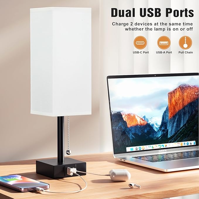 Bedside Table Lamps Set of 2 - Small White Bedroom Lamps with 3 Color Temperatures (3000K/5000K/4000K), Square Nightstand Lamp with USB C + A Charging Ports, Pull Chain Night Light - Bloomnest