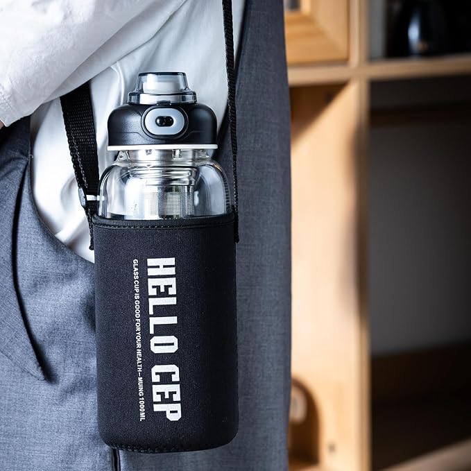 34oz Glass Water Bottle with capacity Mark & Stainless Steel Tea Strainer-Large Capacity for Hot/Cold Drinks,Coffee,Tea,and Water-Includes Protective Sleeve,Perfect for Home,Office (34oz2PCS) - Bloomnest