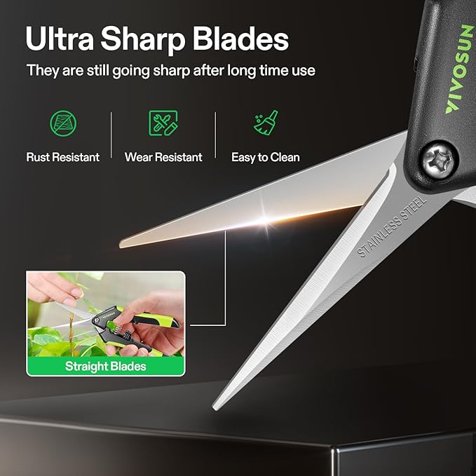 VIVOSUN Gardening Scissors, 6.5 Inch Hand Pruner, Pruning Shear with Straight Stainless Steel Blades, Garden Tools for Women Men, Black and Green - Bloomnest