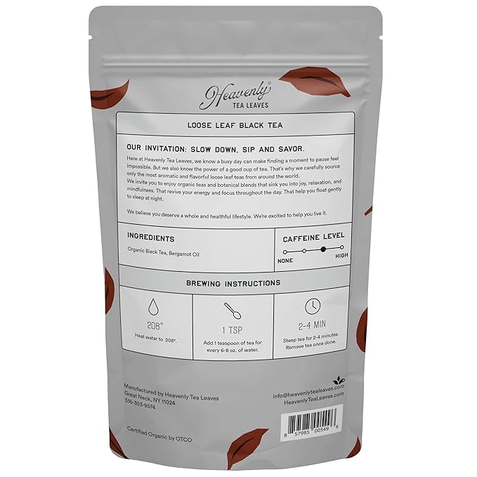 Heavenly Tea Leaves Organic Earl Grey, Bulk Loose Leaf Black Tea, 1 Lb. (Approx. 200 Cups) - Strong, Full Bodied, Brisk, Great For Hot Or Iced Tea, Naturally Caffeinated, Premium Quality - Bloomnest