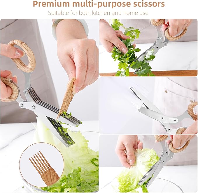 2025 New Herb Scissors Set - Wood Grain Pattern 5 Blades with Cover and Comb - Skin-Friendly Handle, Delicate Grip - Dishwasher Safe, Anti-Rust Stainless Steel for Cutting Fresh Garden Herbs - Bloomnest