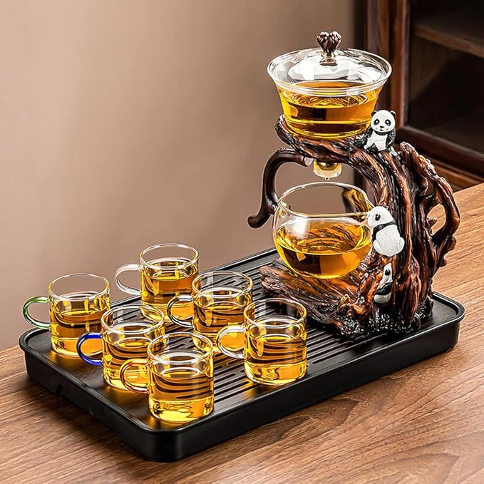Lazy Kungfu Drip TeaPot, Heat Resistant Tea Set, Semi-Automatic Glass Teapot Suit for Magnetic Water Flow Wooden Glass Teapot Set