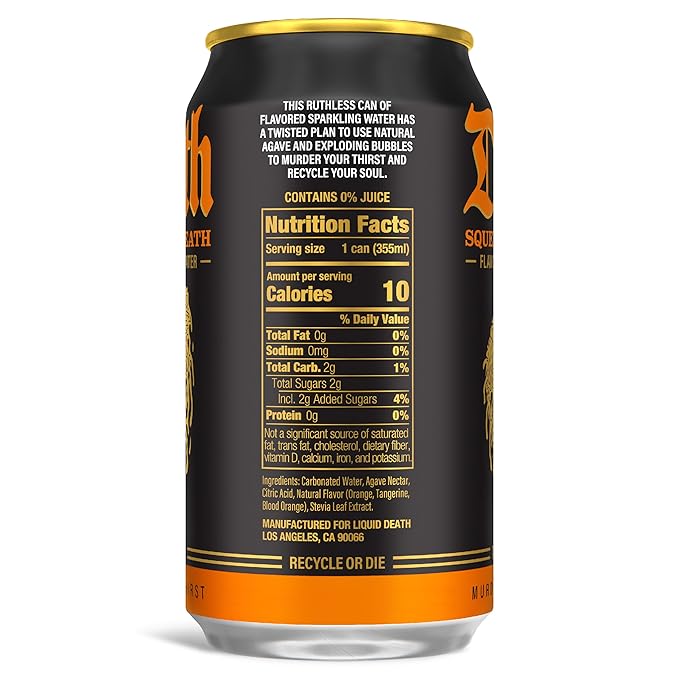 Liquid Death Soda-Flavored Sparkling Water - Squeezed To Death (Classic Orange Soda), Less Sugar*, Huge Flavor, No Caffeine, No Artificial Sweeteners, 12 Fl Oz (Pack of 12) - Bloomnest