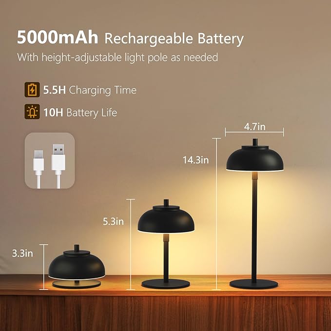 Cordless Table Lamps Rechargeable - 5000mAh Battery Operated Table Lamp, 3 Color Stepless Dimming Portable LED Table Light for Restaurant/Bedroom/Bars/Cafe/Outdoor/Camping(Black 2 Pack) - Bloomnest