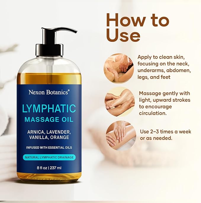 Lymphatic Drainage Massage Oil for Massage Therapy 8 fl oz - Refreshing and Relaxing - Natural Oils with Arnica, Vanilla and Lavender Oil - for Men and Women - Nexon Botanics - Bloomnest