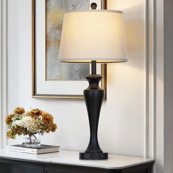 30 Inch Black Table Lamp Single, 3-Way Dimmable Touch Control Living Room Lamps with USB A+C Ports and AC Outlet, Tall Bedside Lamps for Nightstand, Modern Metal Bedroom Lamp, Bulb Included - Bloomnest
