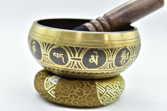 5" Tibetan Meditation Yoga Singing Bowl Black Set with free Wooden Mallet and Silk Cushion from Nepal, Singing bowls. (Black) - Bloomnest