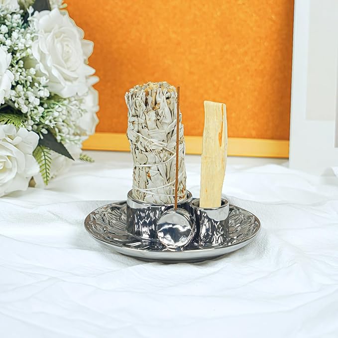 4 in 1 Incense Holder, Ceramic Incense Stick and Palo Santo Holder,Sage Holder for Burning- 5.5" Ceramic Ash Catcher Tray for Meditation and Yoga Room (Silver) - Bloomnest