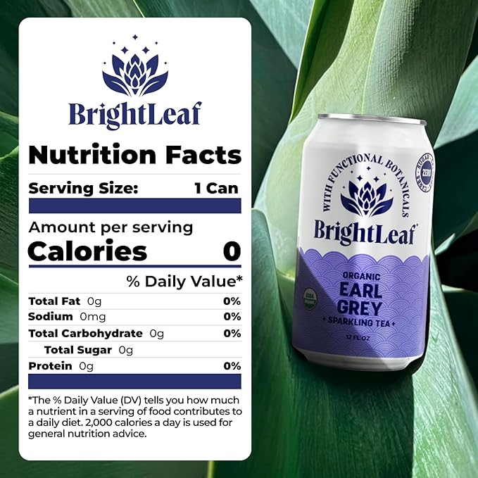 BrightLeaf Regenerative Organic Sparkling Tea, Earl Grey Black, 12 oz Cans (Pack of 12) – Zero Sugar & Zero Calories – Organic Herbal Tea Drink – Mood-boosting ingredients – Craft Brewed Botanical Beverage - Bloomnest