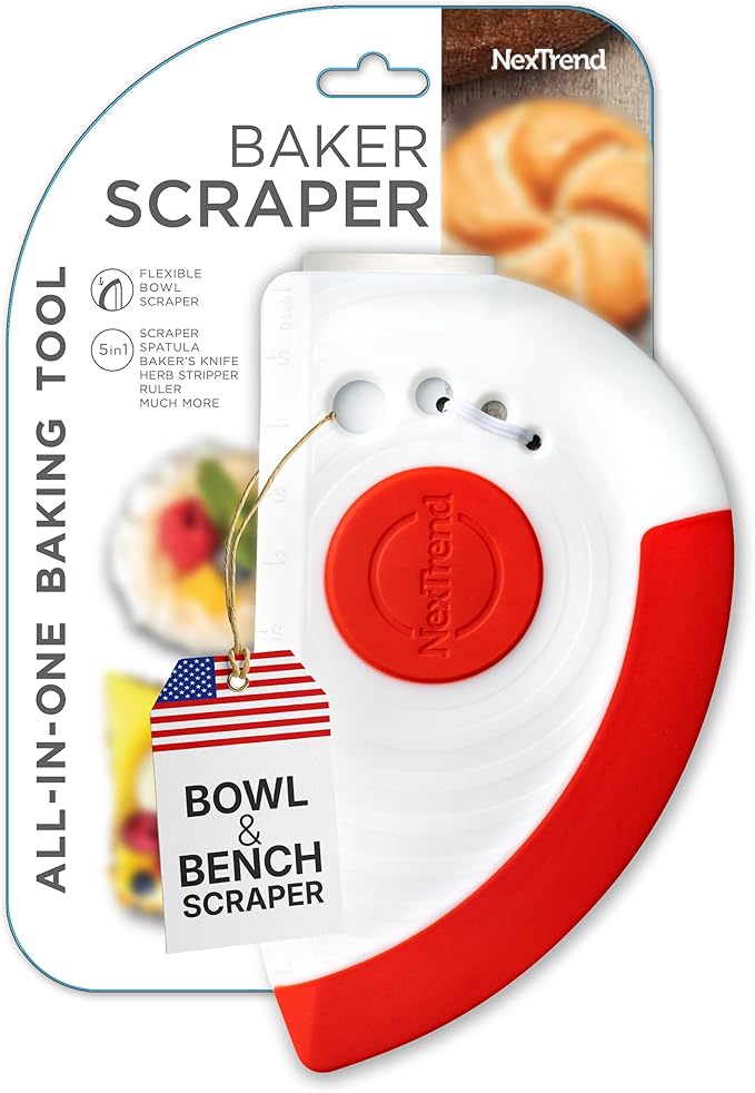Nextrend BakerScraper – 5-in-1 Flexible Bowl Scraper, Bench Scraper and Dough Scraper with Stainless Steel Edge, Ruler & Herb Stripper – BPA Free, Dishwasher Safe - Red - Bloomnest