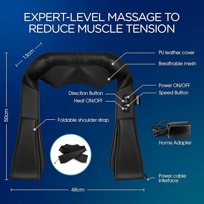 VOYOR-HEALTH Shiatsu Neck and Back Massager, Electric Deep Tissue 4D Kneading Massage with Heat for Shoulder, Lower Back, Leg and Body Muscle Pain Relief, Home & Office Use(Dark Black)