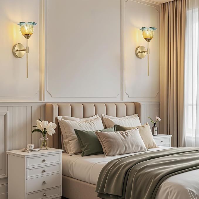 2 Pack Gold Wall Sconce with Modern Flower Glass Shades, Modern Mid Century Bathroom Vanity Wall Light Fixtures, Industrial Brushed Brass Wall Lamp, for Bedroom Mirror Living Room, ETL Listed - Bloomnest