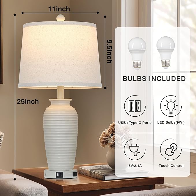 25" Vintage Farmhouse Jar Table Lamps, Single Rustic Bedside Lamp with USB A+C Ports & AC Outlet, Nightstand Lamps for Living Room, Bedroom, End Table, Cream(LED Bulb Included) - Bloomnest