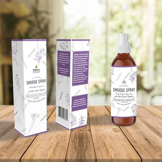 SOUL STICKS White Sage & Lavender Smudge Spray – 3.5oz Smokeless Mist with Quartz Crystals – Calming Essential Oil Spray for Sleep, Stress Relief, Meditation, and Energy Cleansing SoulSticks