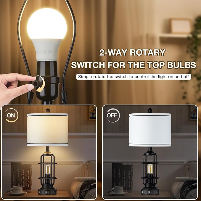 Modern Table Lamps, Industrial 3-Way Dimmable Bedside Lamp with USB A+C Ports & AC Outlet, Touch Control Rustic Nightstand Lamp LED Night Light for Living Room Bedroom Decor Home(4 Bulbs Included) - Bloomnest