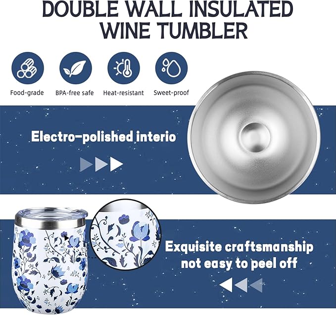 12 oz Insulated Wine Tumbler with Lid and Straw,Stainless Steel Stemless Wine Tumbler Glasses Double Wall Vacuum Wine Cups Tumbler Bulk for Coffee,Cocktail,Office (Blue and White Porcelain,4) - Bloomnest