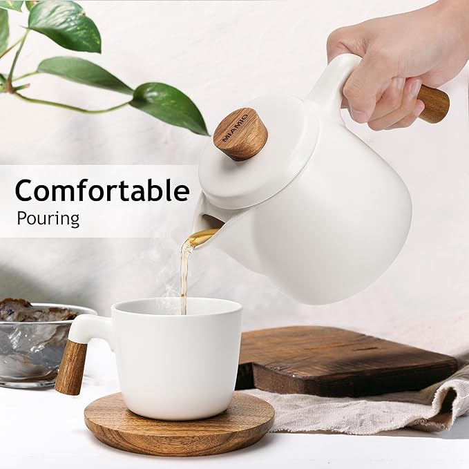 MIAMIO - Teapot Set with Warmer / 34 oz Tea Kettle with Infuser for Steeping Loose Tea Leaves - Gift for Women/Tea Lovers (White) - Bloomnest