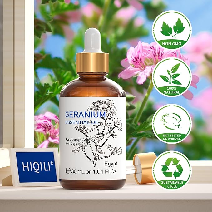 HIQILI 30ML Geranium Essential Oil， for Skin, Diffuser & Candle, 100% Pure and Natural - 1.01 Fl.Oz - Bloomnest