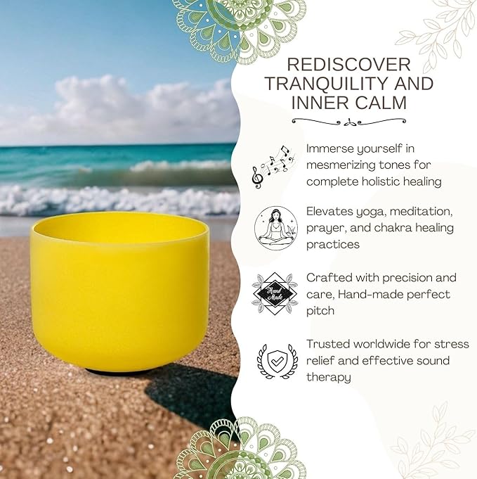 10 inch Yellow E Note Solar Plexus Quartz Crystal Singing Bowl, for Healing Mindfulness Meditation Yoga Sound Baths, with Rubber Mallet O-ring