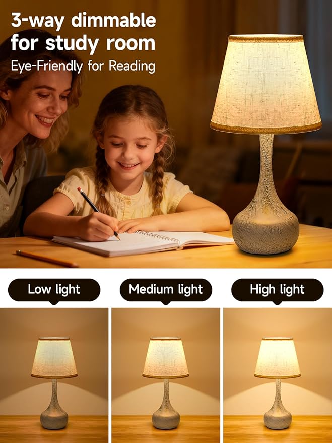 Touch Table Lamp for Bedroom, Farmhouse 3-Way Dimmable Room Lights for Bedroom with Fabric Shade，Desk Lights for Home Office - Bloomnest
