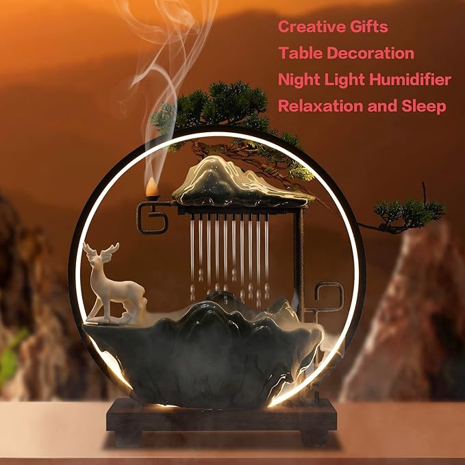 15In Water Fountains Indoor Tabletop Waterfall Humidifier with LED Light and Atomizer Mist, Japanese Zen Decor Meditation Fake Plants Bonsai Feng Shui Decor Festival Birthday surprise Good Luck Wealth - Bloomnest