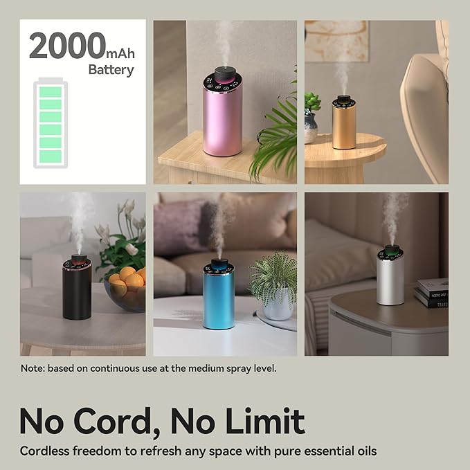 Waterless Essential Oil Diffuser Aromatherapy Scent Diffusers for Home Large Room, Bedroom, Car, Office, Desk, Battery Operated Mini Portable Air Freshener, 3 Countdown Timers & 3 Mist Levels - Bloomnest