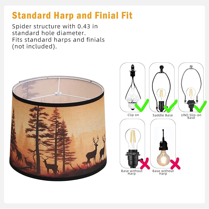 Rustic Deer Printed Large Drum Lamp Shades Set of 2. Easy Assembly.11.4"x13"x10" Barrel Brown Lamp Shade For Cabin Lodge Decoration.Replacement Lamp Shades For Table Lamps(Sipder Model) - Bloomnest
