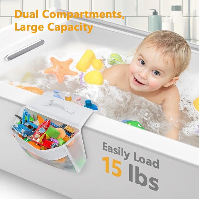 Bath Toy Organizer with 2 Pockets, Large Capacity Mesh Storage with Grip, Quick Dry, Perfect for Organizing Toys and Bath Essentials, Fits 6-Inch Tub Edges - Bloomnest