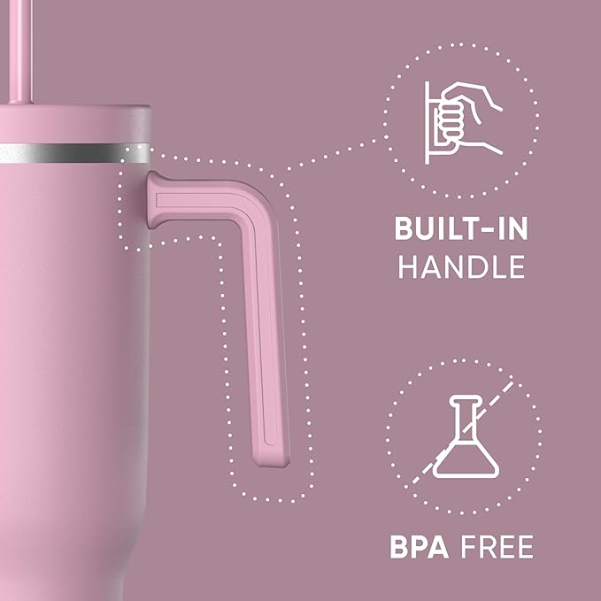 Hydrapeak Voyager 40 Oz Stainless Steel Tumbler with Handle, Insulated Water Bottle With Straw & Lid, Cupholder Friendly Reusable Travel Mug (Cotton Pink) - Bloomnest