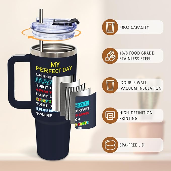 DUUV Gamer Gifts for Men, Video Game Tumbler 40 Oz with Handle and Straws, Gaming Gifts for Kids Teen Boys Son Adults Dad Husband, Christmas Thanksgiving Birthday Gift for Gamers, Gaming Mugs, 1PCS - Bloomnest