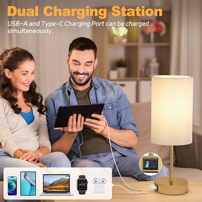 AKASUKI Table Lamp for Bedroom, 3 Way Dimmable Touch Lamp with Dual Charging Station, Small Bedside Lamps for Night Stands, Living Room, Office(LED Bulb Included) - Bloomnest