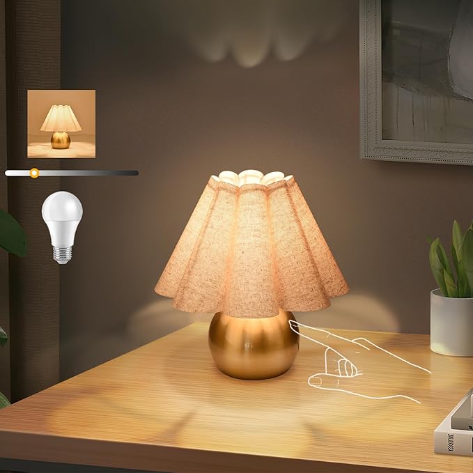 Gold Small Touch Control Table Lamp for Bedroom, Brass Gold Bedside Lamps for Nightstand, Cute Mini Small Table Lamps for Small Spaces with Scalloped Shade for Kitchen Counter, Bookshelf, Living Room - Bloomnest