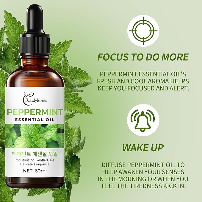 Peppermint Essential Oil 60ml-100% Pure & Natural Therapeutic Grade for Diffuser, Skincare & Hair Care-Invigorating & Refreshing Aroma for Focus, Stress Relief & Energy-Amber Glass Bottle with Dropper OKADY