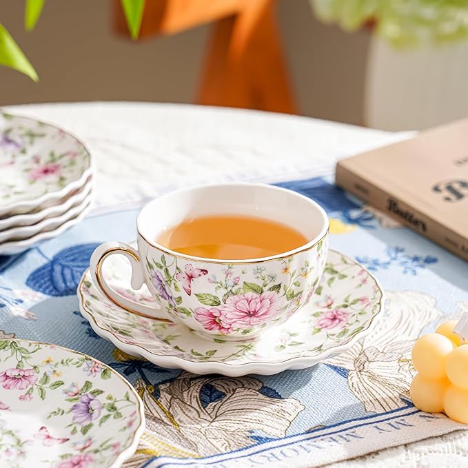 Tea Cup and Saucers, 6.4oz Floral Tea Cups with Gold Trim, Coffee Cappuccino Espresso Latte Mugs for Party Birthday,Christmas Gift (Pink and purple flowers) - Bloomnest