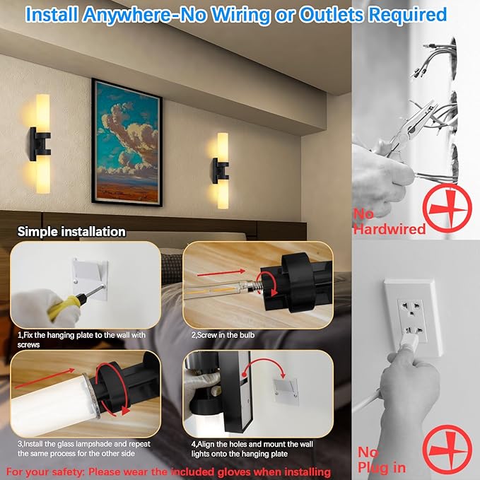 Rechargeable Wall Sconces Set of Two with Remote, Black Battery Operated Wall Sconce with Milky Glass, Sconces Wall Decor Set of 2 Wall Light Fixtures for Bedroom Bathroom Mirror Living Room - Bloomnest