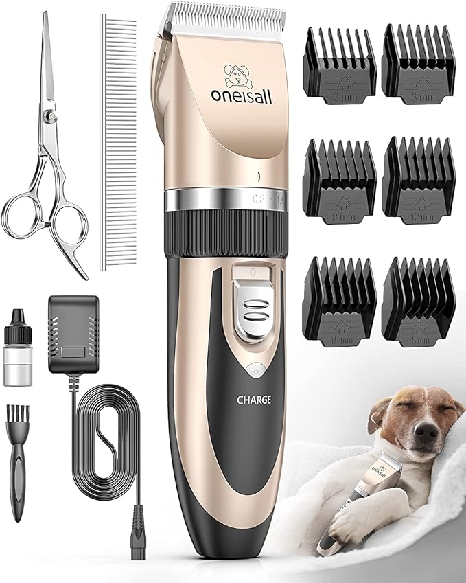 oneisall Dog Clipper Low Noise, Dog Grooming Kit with Rechargeable, Pet Shaver Cordless Electric Quiet Hair Clipper Set for Dogs Cats Pets（Gold） - Bloomnest