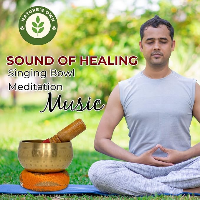 Nature's Own Tibetan Singing Bowl Set Easy to Play Meditation Sound Bowl Handcrafted in Nepal for Yoga, Mindfulness, Chakra Healing, Stress Relief Spiritual Gifts for Women & Men (5.5 Inch, Hammered) - Bloomnest