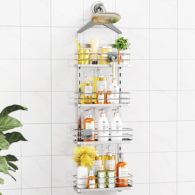 ODesign 4 Tier Height-Adjustable Shower Caddy Hanging Anti-Swing-Over The Shower Head Caddy- Storage Organizer Bathroom Shelves Basket Caddies-Silver - Bloomnest